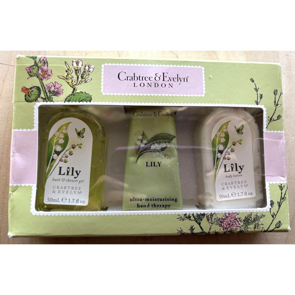 Crabtree & Evelyn Lily Travel Size Set Bath Gel Lotion Hand Therapy 1.7 oz